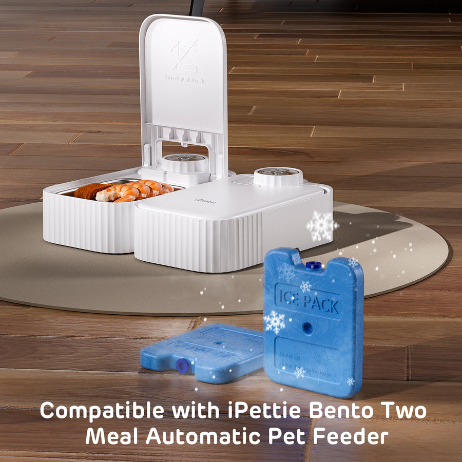 iPettie Bento Two Meal Automatic Pet Feeder with Ice Packs, Stainless Steel Bowls, White. An automatic pet feeder with an ice pack beside it, highlighting compatibility with the iPettie Bento Two Meal Automatic Pet Feeder.