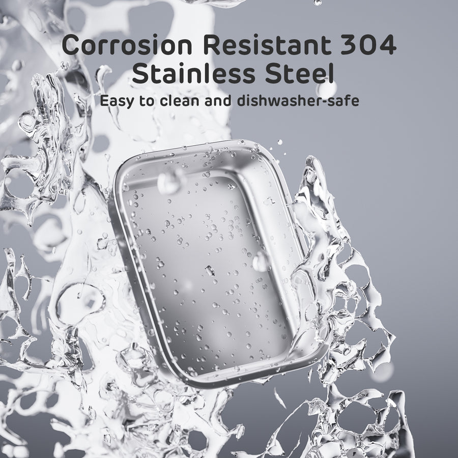 Corrosion-resistant 304 stainless steel bowl surrounded by water droplets, highlighting its easy-to-clean and dishwasher-safe features.