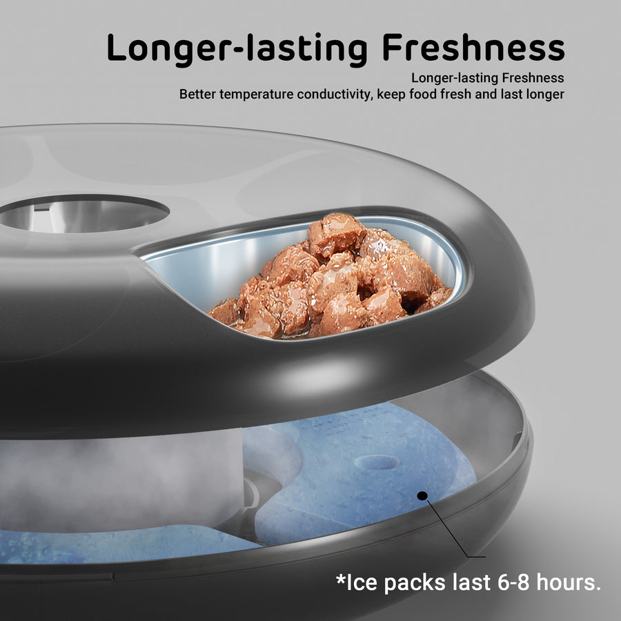 Automatic feeder with ice packs for longer food freshness and optimal temperature control.