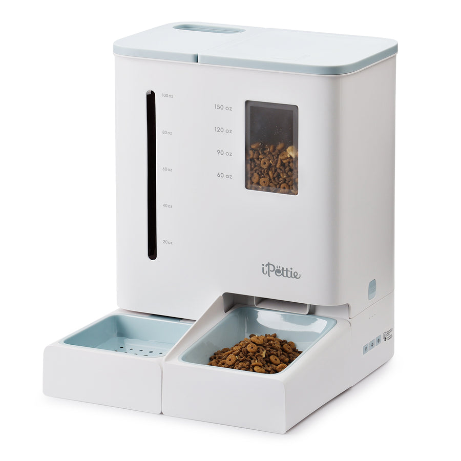 iPettie automatic feeder with visible food levels, two bowls, and a sleek white design.