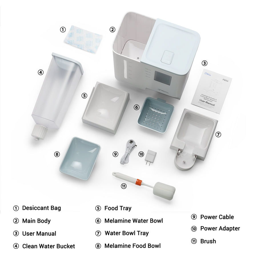 iPettie automatic feeder parts layout, including main body, bowls, water tank, and cleaning brush.