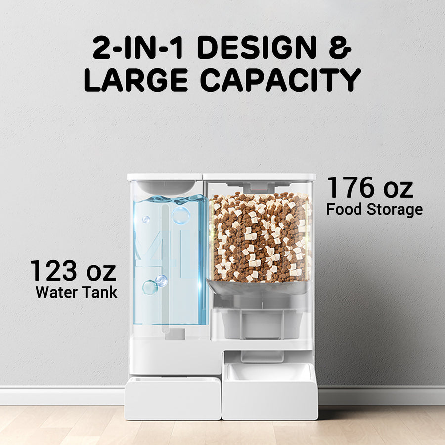 2-in-1 automatic feeder with 176 oz food storage and 123 oz water tank for pets.