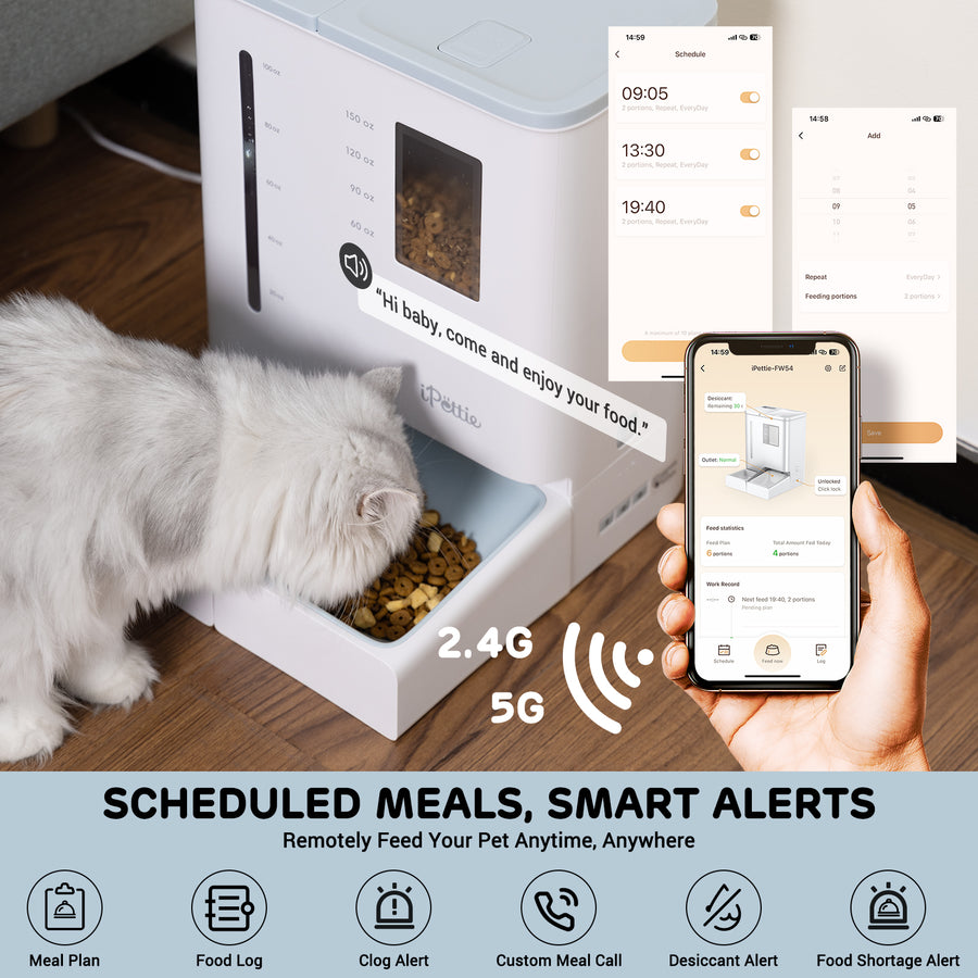 Smart feeder with scheduled meals, alerts, and remote control via mobile app for pets.