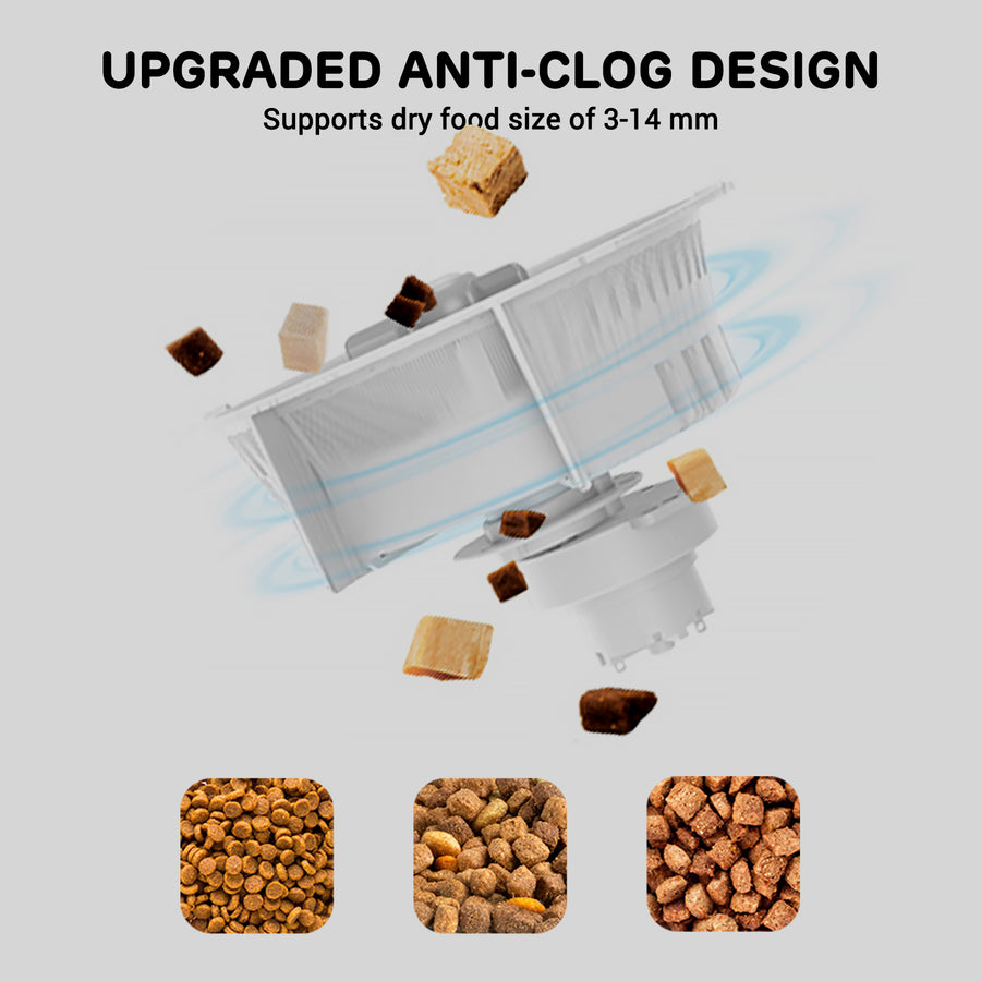 Upgraded anti-clog design supports dry food sizes from 3 mm to 14 mm for smooth dispensing.