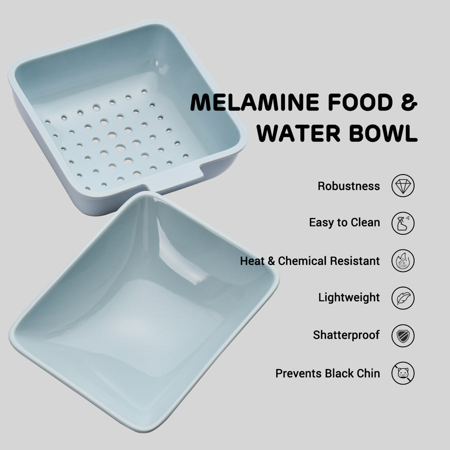 Melamine food and water bowl, lightweight, shatterproof, easy to clean, heat resistant.