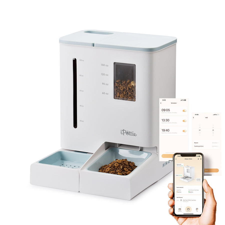 iPettie automatic pet feeder with a smartphone app for scheduled feeding times and portion control.