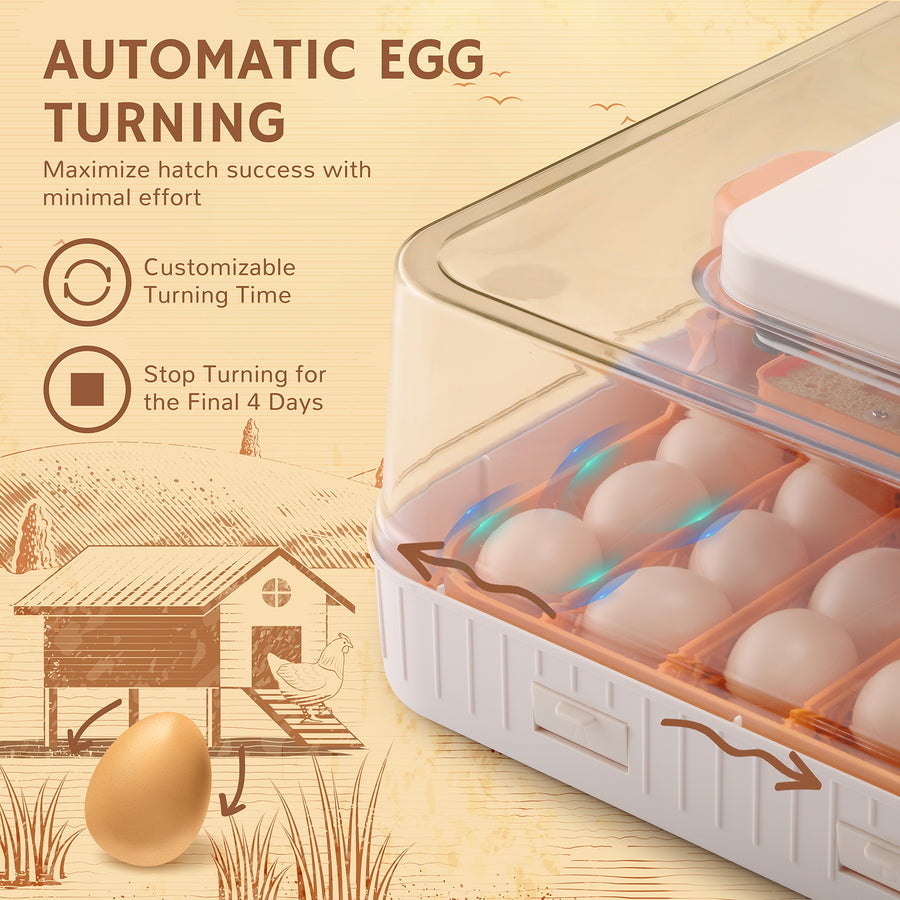 An egg incubator with a transparent lid showcasing multiple eggs, featuring an automatic egg turning mechanism with customizable settings and a note to stop turning for the final four days.