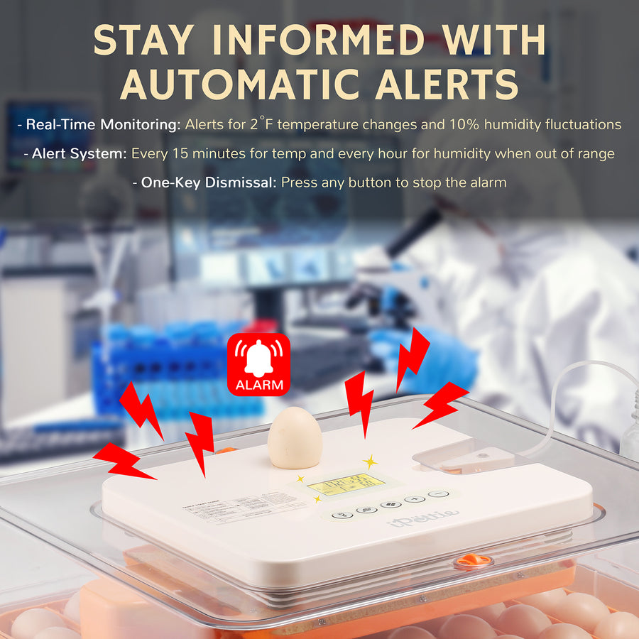 An egg incubator with a control panel displaying an alert system for temperature and humidity monitoring, featuring an egg on top and visual indicators for alarms and notifications.