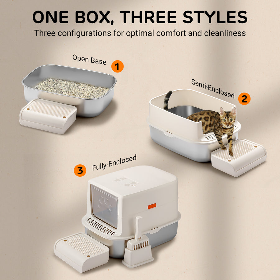 S01 Enclosed Stainless Steel Litter Box ,Ivory